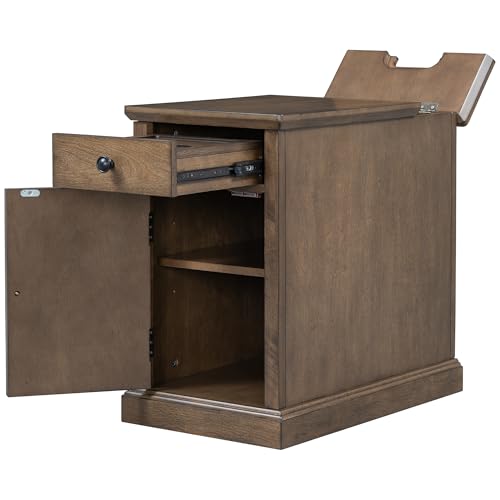 Multifunctional Classic Vintage End Table with USB Ports and 1 Drawer with Cup Holders, Sofa Side Narrow Table with Storage, Bedside Nightstand for Living Room Bedroom (Antique Brown-4.3) - color: Antique Brown-4.3