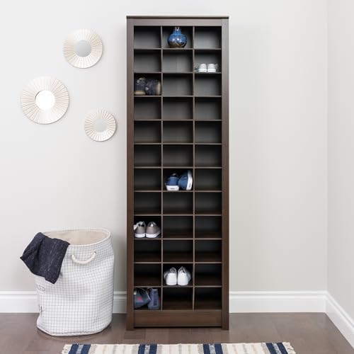 Prepac Elegant Brown Shoe Storage Cabinet, Space-Saving Solution with Cubbies for 36 Pairs, 13"D x 23.5" W x 72.5" H