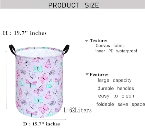 KUNRO Kids Laundry Hamper Clothes Gift Basket Storage Laundry Baskets Organizer Bin with Handles for Nursery Room (Purple Butterfly) - color: Purple-Butterfly