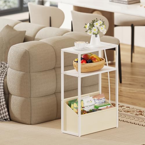 TUTOTAK Narrow Side Table, Small End Table with Charging Station, Nightstand with Fabric Basket, Bedside Table for Small Space, Livingroom, Bedroom White TB01BW095 - color: White