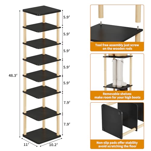 LUCKNOCK Vertical Shoe Rack, 8-Tier Tall Narrow Shoe Organizer for Entryway, Closet, Dorm & Small Spaces, Freestanding Wooden Shoe Shelf Tower for Boots, Sneakers, Heels. (Black) - color: Black