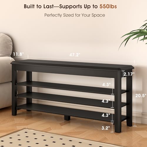 IUNVR Shoe Rack Bench Seat Rubberwood 3-Tier Wooden Storage Bench 550lbs Compact Mid-Century Modern Design for Entryway, Hallway, Closet, Front Door Entrance, Foyer - color: Black-3 Tier(wood), size: 47.2"W x 11.8"D x 20.5"H