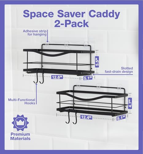 KINCMAX Premium Shower Caddy, Self Adhesive Shower Organizer w/ 4 Hooks, No Drill Shelves for Inside Shower, Rustproof Stainless Steel Shower Rack for Bathroom, Matte Black - color: Matte Black, size: 2-Pack Caddies