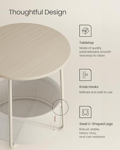 VASAGLE LILEA Collection - Small Round Side End Table, Modern Nightstand with Fabric Basket, for Living Room, Bedroom, Set of 2, Cream White ULET225LL01S - color: Cream White, size: Round + 2 pack