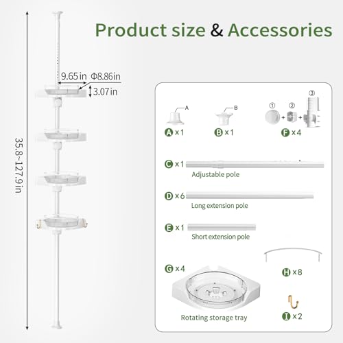 akinbas Shower Caddy Tension Pole with 4 L-Lazy Susan Organizer 360 Rotating 35-128 Inch No Drilling Floor Standing Shelves Adjustable Shower Rack for Bathroom Corner (White) - color: White, size: 4 Tier-Rotation