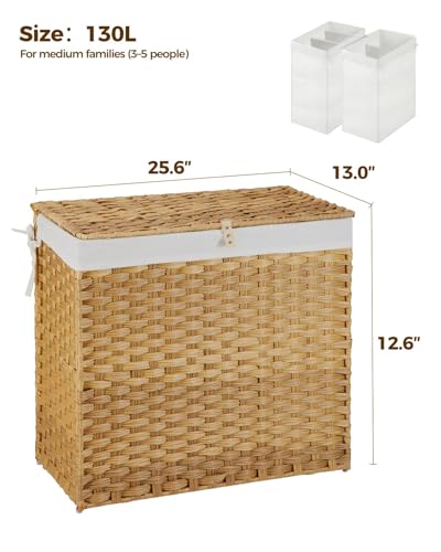 Greenstell Laundry Hamper with Wheels&Lid, 130L Large 3 Sections Clothes Hamper with 2 Types Removable Liner Bags, 5 Mesh Laundry Bags, Handwoven Divided Laundry Basket for Clothes, Natural - color: Natural, size: 130L: 25.6x13.0x25.7 Inches