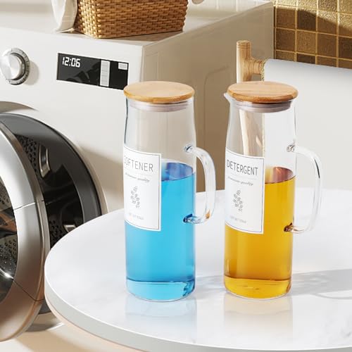 Laundry Detergent Dispenser Set with Bamboo Lids and Handles - Easy Pour 2 Pack 50 oz Liquid Laundry Containers for Laundry Room Organization and Storage - color: Bamboo Lid
