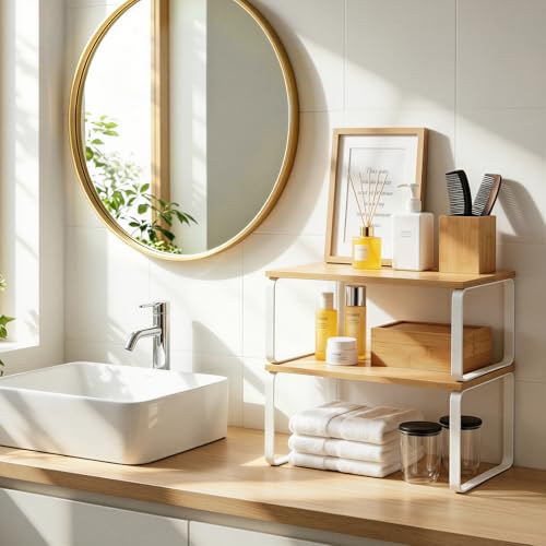 HOOBRO Cabinet Organizer Shelf, Set of 4 Kitchen Counter Shelves, Expandable Kitchen Storage, Stackable Bamboo Spice Rack, for Kitchen, Countertop, Office Desk, Bathroom, Natural and White YW30TLP201 - color: Natural, White