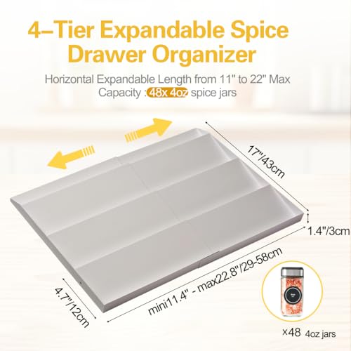 GOENDR Metal Spice Drawer Organizer, 4 Tier Spice Rack for Drawer, Expandable Seasoning Organizer For 11.4-22.8” Wide Drawer, Holds up to 48 Spice Jars (Not Included), White - color: White