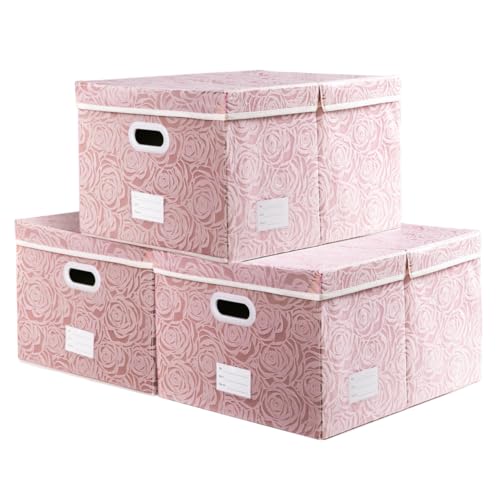 PRANDOM Jumbo Collapsible Storage Boxes with Lids Fabric Decorative Storage Bins Cubes Organizer Baskets with Cover Handles Divider for Bedroom Closet Living Room 23.2x15.7x11.6 Inch 3 Pack - color: Pink, size: XX Large(3-Pack)