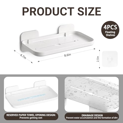 FAYYGYH 2 Pack Adhesive Floating Shelves No Drill Small Floating Shelf for Wall Storage Damage-Free Wall Mounted Organizer for Bathroom, Kitchen, Bedroom & Office (White-4pcs) - color: White-4pcs