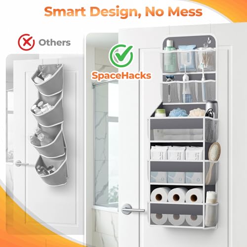 SpaceHacks 5-Tier Over the Door Organizer with Mesh Pockets, Baby Nursery Storage for Closet, Bathroom and Bedroom, Adjustable Hanging Closet Organizer for Cosmetics, Books and Essentials (Dark Grey) - color: Dark Grey, size: 5-Tier