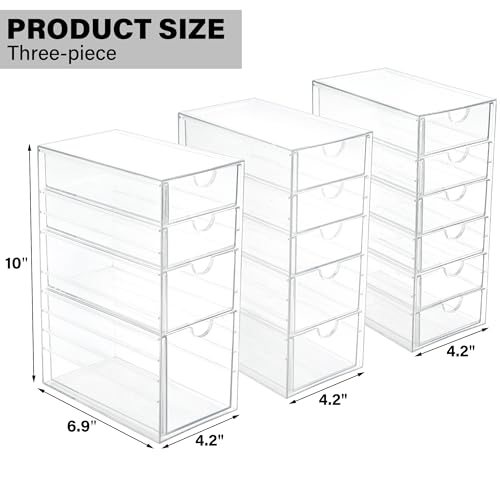 Prsildan Acrylic Drawer Organizer with 15 Drawers, Makeup Craft Office Desk Organizers Accessories, Set of 3 Clear Stackable Storage Drawers for Vanity, Countertop, Jewelry, Art Supply Organization - style: 15 Drawers