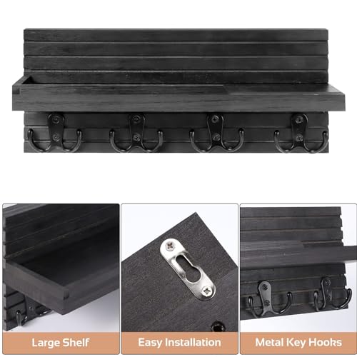 Decorative Key Hanging Rack with 4 Double Hooks – Easy Install Natural Wooden Key and Mail Holder for Wall Mount – Entryway Decor Rack with Shelf (Carbon Black) - color: Carbon Black