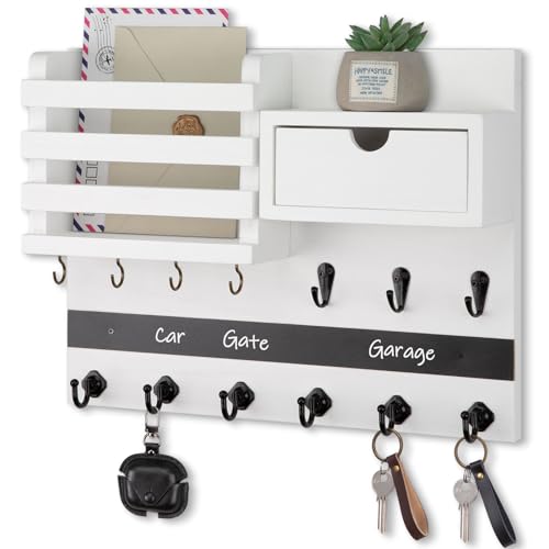 Nekon Key Holder Wall Mount, Rustic Mail and Keys Shelf for Wall Organization with 13 Hooks, Home Decor Accessory with Drawer, White - color: White