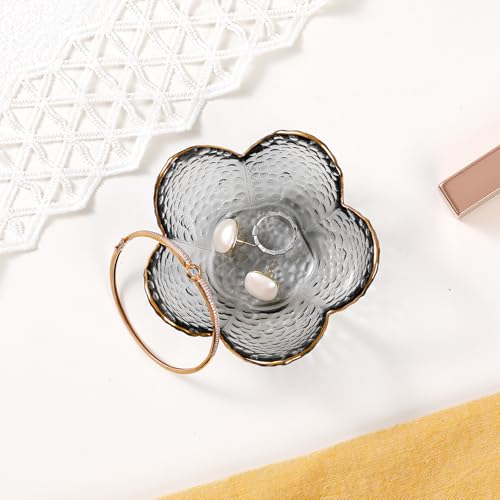 Grey Flower Jewelry Dish Glass Ring Dish Jewelry Tray Cute Vanity Organizer Room Decor Aesthetic Nightstand Bathroom Decor Trinket Dish Ring Holder Dish House Warming Gifts Stocking Stuffers for Women - color: Grey