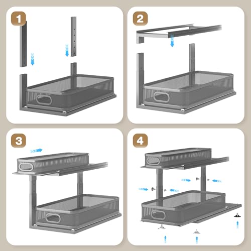 2 Pack 21IN-Depth Under Sink Organizer With Next-Gen Ball-Bearing Slides,2-Tier Precision Mesh Pull Out Cabinet Storage for Bathroom&Kitchen,Height Adjustable Drawers Shelf,Anti-rust-Grey - color: Gun Gray, size: 2 Pack-21"Dx12.4"-16.5"H