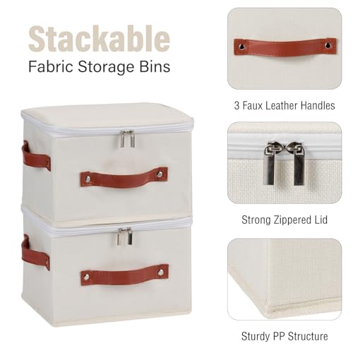 Storage Bin Box with Zippered Lid Cotton Linen Fabric Decorative Basket with PU Leather Handles PP Plastic Board Foldable Lidded Clothing Shelf Closet Organizer Container (Beige, Small) - color: Beige, size: Small ( Pack of 1 )