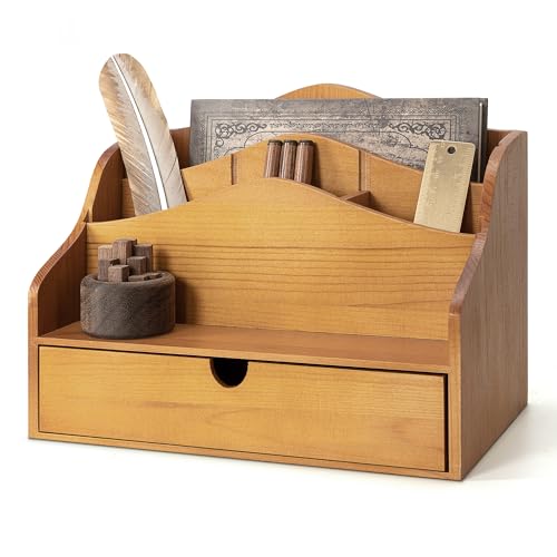 Pine Wood Mail Organizer For Desk - Rustic Mail Sorter With Drawer & Dividers 4-Slot Letter Sorter For File And Jewelry - Wooden Letter Holder For Desk Organization & Home Office Decor (Yellow) - color: A-Yellow