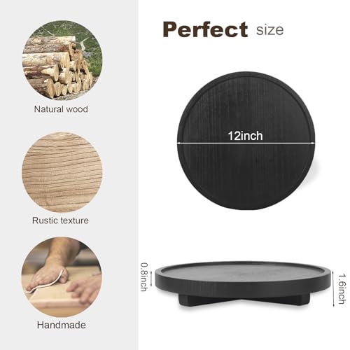 Round Decorative Tray Wood Bathroom Counter Organizer Farmhouse Kitchen Decor Wooden Riser for Soap Dish, Perfume, Candle, Sponge, 12" - Black - color: Black, size: 12"