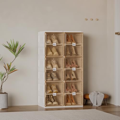 ANTBOX Shoe Organizer Storage Box, Portable Folding Shoe Rack For Closet With Magnetic Clear Door,Large Sneaker Cabinet Bins Sturdy Easy Assembly 6 Layers-12 Grids - size: 6 Layers-12 Grids