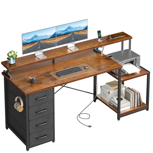 ODK 55 Inch Computer Desk with Power Outlets & 4 Drawers, Home Office Desk with Monitor Stand & Storage Shelves, Vintage