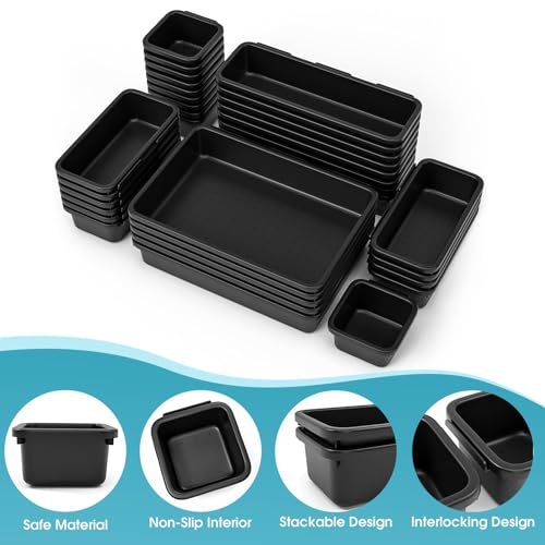 33 PCS Drawer Organizer Set, 4 Size Makeup Drawer Divider Organizer With Non-Slip Pads, Interlocking Plastic Storage Bins for Office,Jewelry Vanity,Gadgets, Bathroom,Kitchen, Black - color: Black, size: 33Pack
