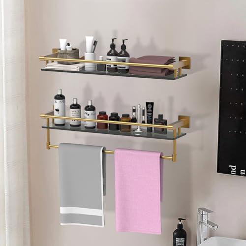 Glass Shelf for Bathroom 24 inch Rectangular Stainless Steel Wall Sheves Tempered Glass Modern Stainless Steel Wall Mount Accessories Organizers Storage (Brushed Gold) - color: Brushed Gold, size: 24'' with Railing