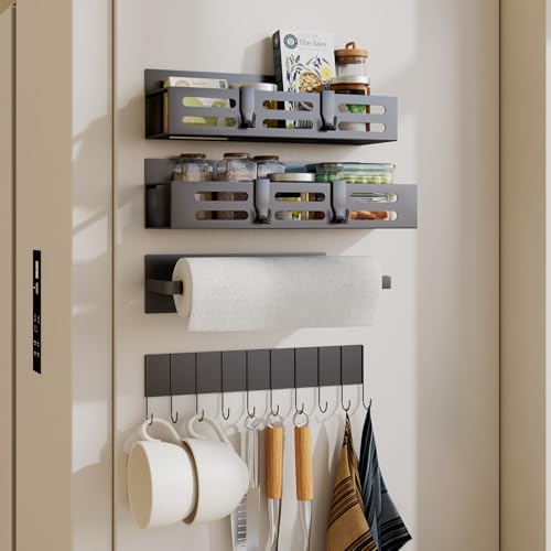 SETBAOO 4 Pack Magnetic Spice Rack for Refrigerator with 4-Hook Rack and Paper Towel Holder, Black Magnetic Shelf and Fridge Kitchen Cabinet Organizers Storage Seasoning Organization Mini Shelves. - size: 4 Pack Black-B