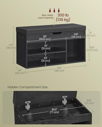 VASAGLE CUSTOS Collection - Storage Bench with Cushion, Shoe Bench, Padded Seat, Hidden Storage, Entryway, Hold up to 300 lb, 11.8 x 31.5 x 17.3 Inches, Ebony Black and Ink Black ULHS030B03 - color: Ebony Black + Ink Black, size: 31.5"W