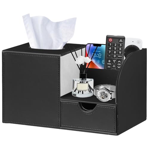 PUSU Square Tissue Box Cover with Storage Drawer, PU Leather Facial Tissues Cube Boxes Holder, Modern Makeup Remote Control Holder, Nightstand Organizer Caddy for Bathroom Vanity, Office, Home Decor - color: Black Cowhide