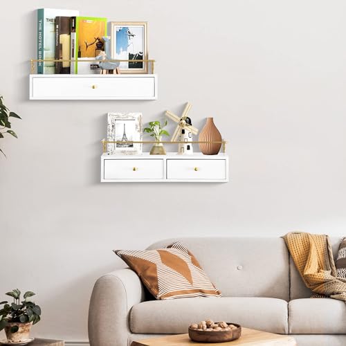 Dreampossible Floating Shelves With Drawers Set of 2 - Wall Mounted Storage for Bathroom, Living Room, Kitchen - Rustic Wood Wall Decor for Plants, Books - color: White, size: 15.8 Inch Long