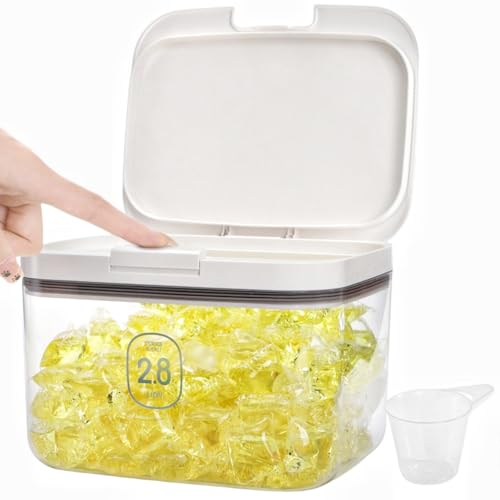 Tlence 94 OZ/2.8L Laundry Pods Container, One-Press Lid Laundry Powder Holder Dispenser, Clear PET Detergent Sheet Organizer with Measuring Cup for Booster Beads, Dryer Balls, Flour, Pet Food