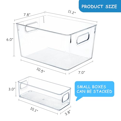Clear Plastic Storage Bins-8 Pcs Pantry Organizers and Storage Containers with 4 Large (11"x8"x6") and 4 Small Snack Containers, Home Organization for Bathroom, Kitchen, Closet and Office - size: 4 Large & 4 Small