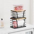 TIDIIABODE 2 Pack Stackable Storage Laundry Kitchen Organizers, Wall Mount Trash Bag Holder with Bamboo Top and Garbage Bag Dispenser No Drill - color: 2-Pack-L&S-Black