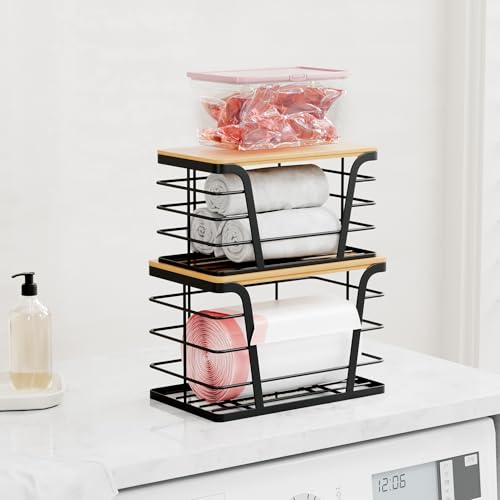 TIDIIABODE 2 Pack Stackable Storage Laundry Kitchen Organizers, Wall Mount Trash Bag Holder with Bamboo Top and Garbage Bag Dispenser No Drill - color: 2-Pack-L&S-Black