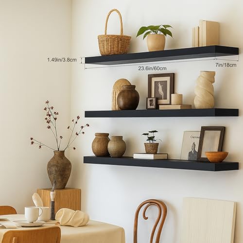Floating Shelves for Wall, Bathroom Shelves Over Toilet, Wall Shelves & Book Shelf for Room, Hanging Shelf, Modern Wooden Mounted Floating Shelves, 24x7x1.5 in (Black, Set of 3) - color: Black, size: 24"(set of 3)