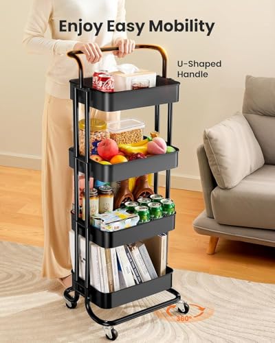 Pipishell 4 Tier Mesh Utility Cart, Rolling Metal Organization Cart with Handle and Lockable Wheels, Multifunctional Storage Shelves for Kitchen Living Room Office White, PIUC12B - color: Black, size: 4-Tier