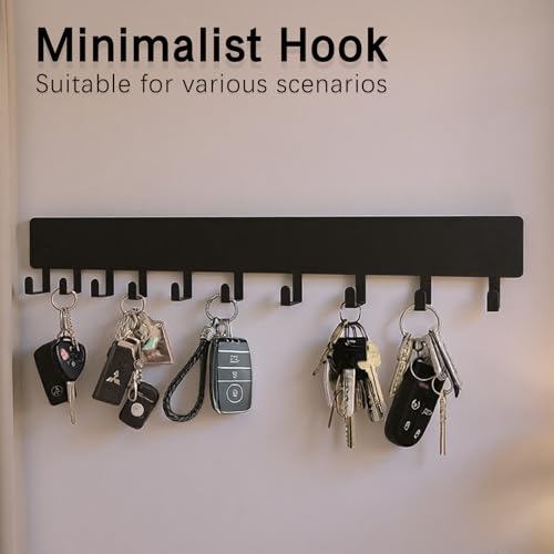 14inch Wall Key Holder with 10 Hooks(2 Sets), Metal Key Rack Wall Mount for Keys, Bags and Leashes, Key Hanger for Decorative Organizer Apartment，Entryway,livingroom,Black