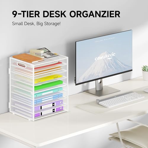 Cawukege 9 Tier Paper Organizer with Handle, White Large Capacity Desk Organizer Mesh File Folder Letter Paper Tray Desktop Document Sorter for Classroom, School, and Office Accessories Organization - color: 1 Pack - White