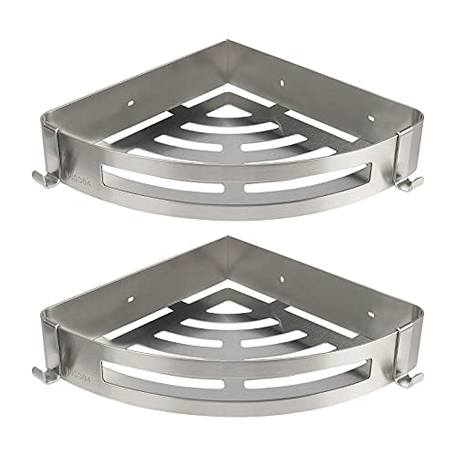 NearMoon Bathroom Shower Caddy 2 Pack, No Drill 304 Stainless Steel Shower Organizer with 2 Hooks (Corner Shelf, Brushed Nickel) - color: Brushed Nickel