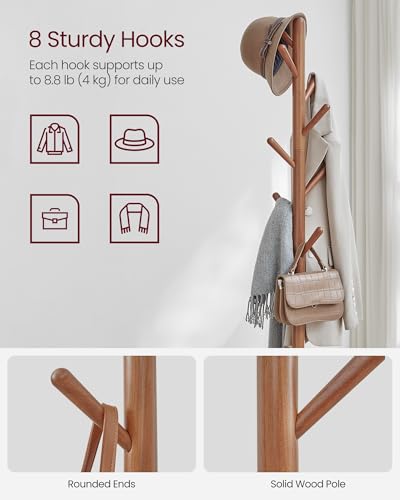 VASAGLE Coat Rack, Free Standing Coat Stand, Hall Coat Tree with 8 Hooks and Storage Shelf, 67.2 Inch Tall, for Coats, Hats, Bags, for Entryway, Hallway, Bedroom, Caramel Brown URCR040K01 - color: Caramel Brown, style: rectangular tray