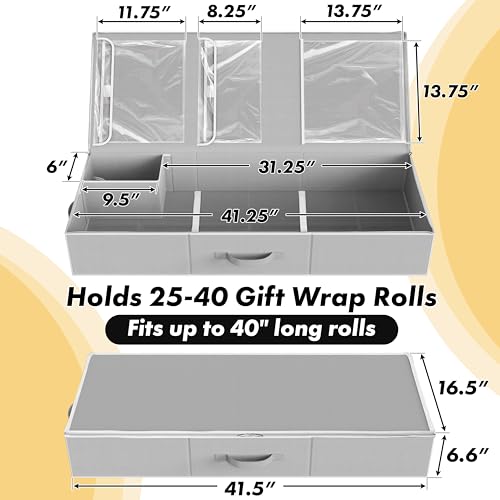 Simple Houseware 41.5" Wrapping Paper Storage Organizer - Fits 40 Rolls with Adjustable Straps, Interior Divider for Ribbons & Bows, 3 Clear Pockets for Gift Bags & Tools, 41.5''L x 16''W, Gray - color: Gray