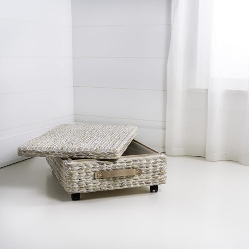 happimess BSK1006C 26.38" Chett Minimalist Hand-Woven Hyacinth/Wood Underbed Storage Bin with Wheels and Handles for Storage and Decoration in Bathroom, Bedroom, Closet,Entryway,Guest Room, White Wash - color: White Wash