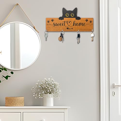 Cat Sweet Home Wooden Key Holder for Wall - 5"x10" Key Organizer Hanger with 4 Hooks for Front Door Hallway Entryway Kitchen - Home Office Decor & Housewarming Gifts Supplies - A07 - color: Cat Sweet Home