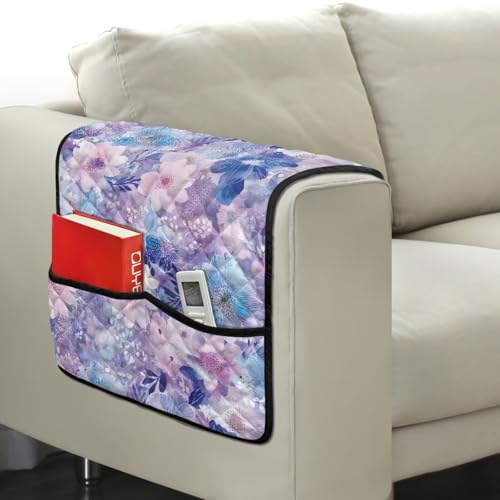Blue Floral Print Couch Arm Covers Stain Resistant Sofa Arm Covers with 2 Side Storage Pocket Non-Slip Recliner Armrest Organizer Comfy Remote Controls Holder - color: Blue Floral