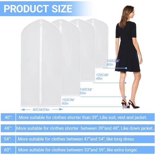 Garment Bags Covers (24''X60'' Set of 12) Long Dress Bags for Hanging Clothes (Pack of 6) with Study Full Zipper Coat Covers for Closet Clothes Storage and Travel - color: White-Translucent, size: 24''X60''-12P