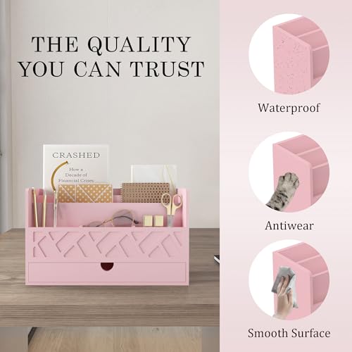 Wisuce Bamboo Mail Organizer Countertop Desktop with Drawer - All-in-One Desk File Organizer with Pencil Holder (Pink) - color: Pink
