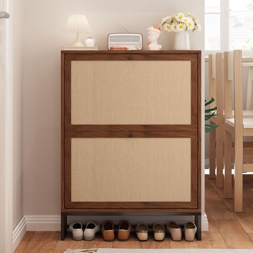 Narrow Slim Shoe Storage Cabinet with Flip Drawer, 25.6" W Hidden Shoe Cabinet for entryway, Linen Decor Shoe Organizer with Metal Base for Small Space (Walnut, 2-Drawer-No Divider) - color: Linen-walnut, size: 2-Drawer-No Divider