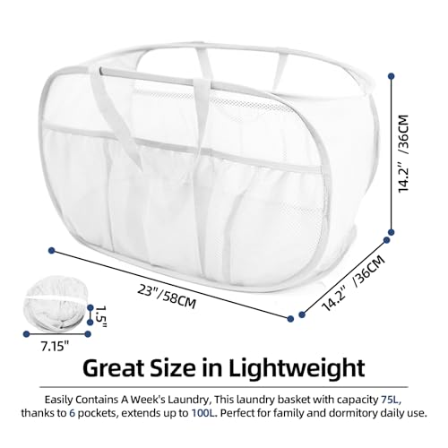 Collapsible Laundry Baskets, Upgrade Pop Up Laundry Hamper with Convenient Bags, Foldable Laundry Basket Mesh Light Weight, Easy to Carry Clothes Hampers for Laundry, Dorm, Toys, Travel White - color: White